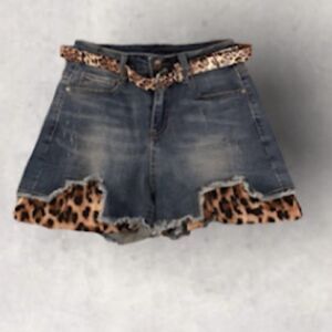𝅺: : New Cut Off Denim Leopard Print Shorts : :
